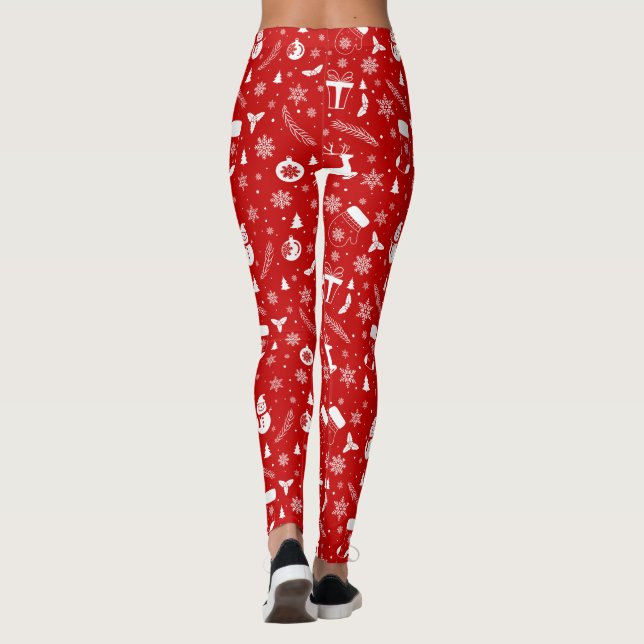 Elegant Red & White Christmas Pattern Full Leggings (Back)