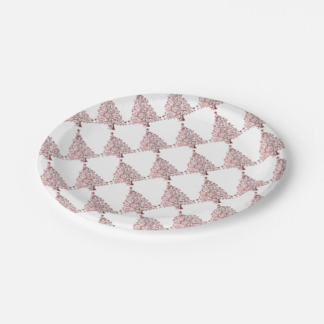 Elegant Red White Christmas Tree Pattern Paper Plate (Angled)
