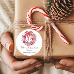 Elegant Red white Christmas Wreath Classic Round Sticker