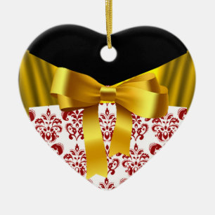 ELEGANT RED WHITE DAMASK GOLD RIBBON MONOGRAM CERAMIC TREE DECORATION