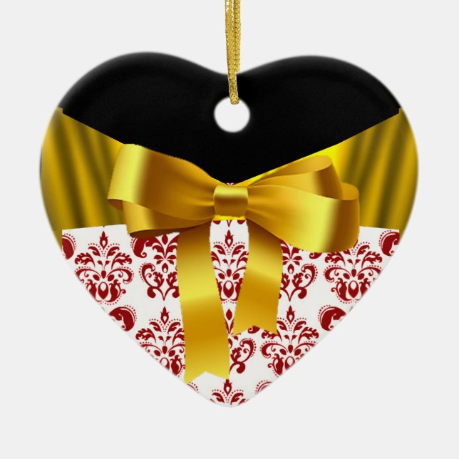 ELEGANT RED WHITE DAMASK GOLD RIBBON MONOGRAM CERAMIC TREE DECORATION (Front)