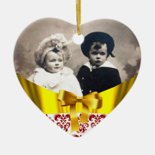 ELEGANT RED WHITE DAMASK RIBBON PHOTO TEMPLATE CERAMIC TREE DECORATION