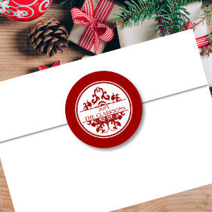 Elegant Red White Damask Round Envelope Seal 