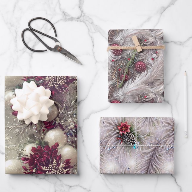 Elegant Red & White Feather Christmas Beaded Wrapping Paper Sheet (Front)