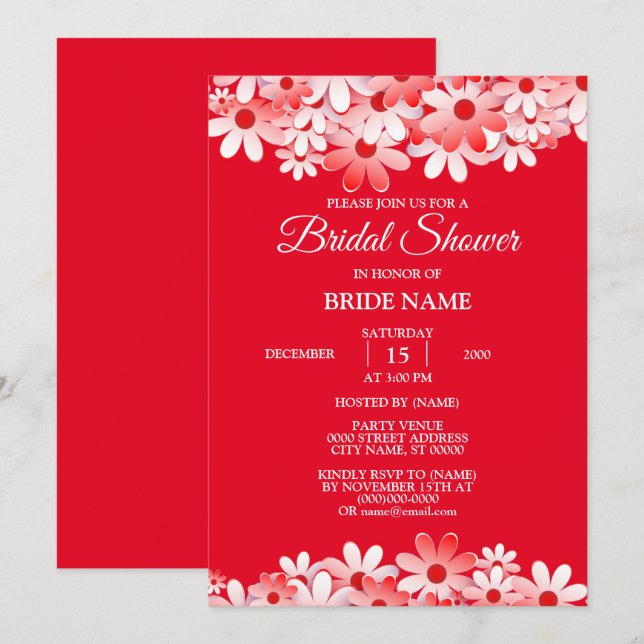 Elegant Red White Floral Bridal Shower Party Invitation (Front/Back)
