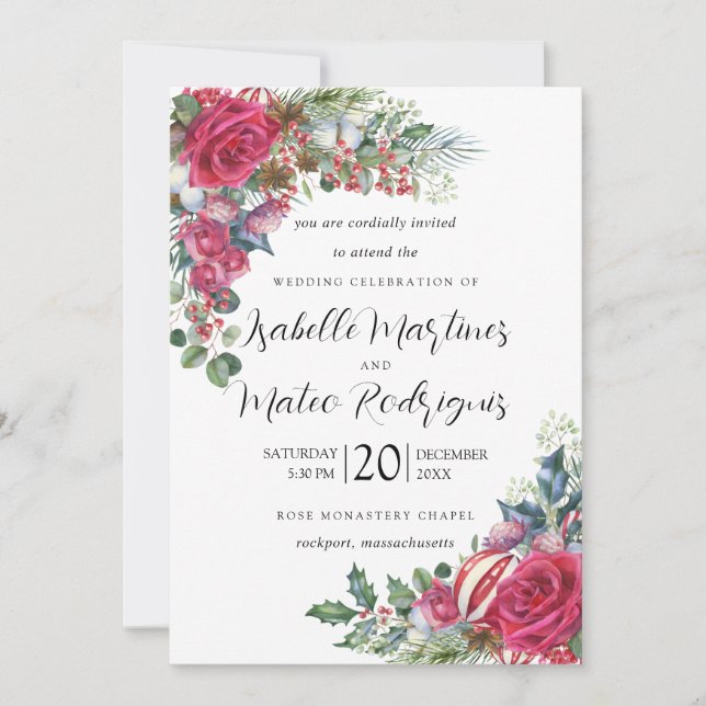 Elegant Red White Floral Christmas Wedding Invitat Invitation (Front)