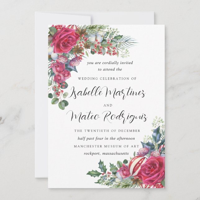 Elegant Red White Floral Christmas Wedding Invitat Invitation (Front)