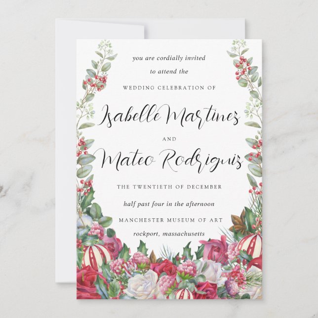 Elegant Red White Floral Christmas Wedding Invitation (Front)