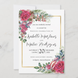 Elegant Red White Floral Christmas Wedding Invitation
