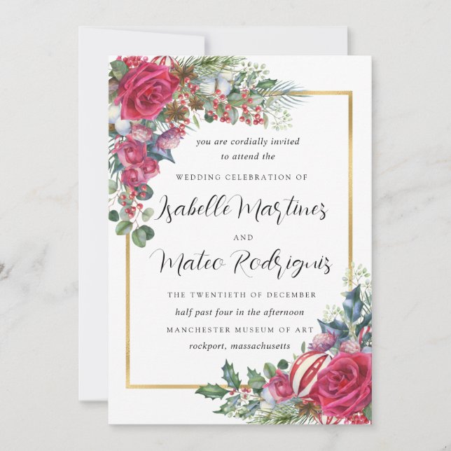 Elegant Red White Floral Christmas Wedding Invitation (Front)