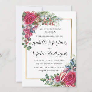 Elegant Red White Floral Christmas Wedding Invitation