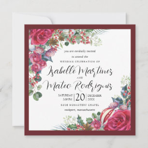 Elegant Red White Floral Christmas Wedding Square Invitation