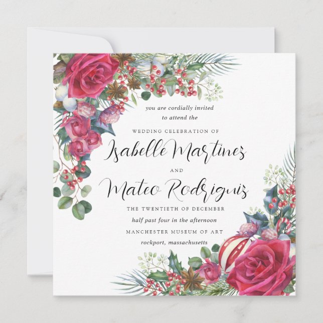 Elegant Red White Floral Christmas Wedding Square Invitation (Front)
