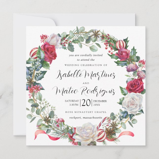 Elegant Red White Floral Christmas Wedding Square Invitation (Front)