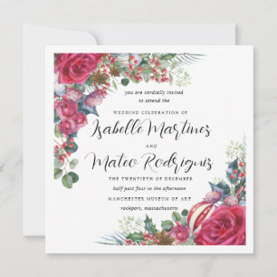 Elegant Red White Floral Christmas Wedding Square Invitation