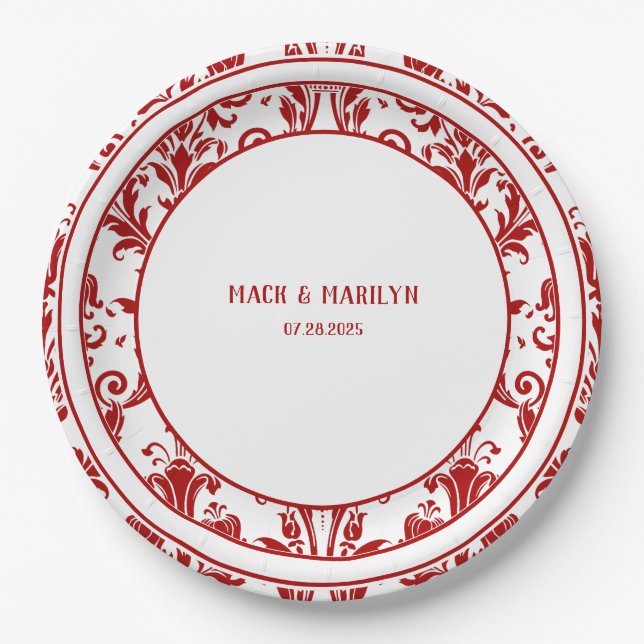 Elegant Red & White Floral Damask Wedding Dinner Paper Plate (Front)