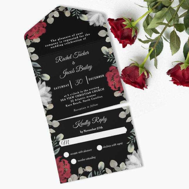 Elegant Red White Floral Greenery Wedding All In One Invitation (Creator Uploaded)