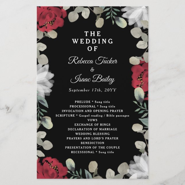 Elegant Red White Floral Greenery Wedding Program (Front)