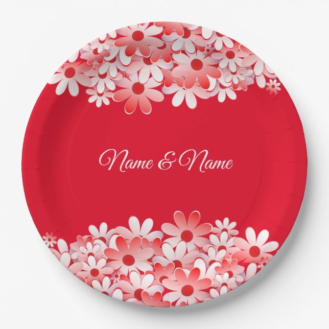 Elegant Red White Floral Name Party Paper Plate (Front)