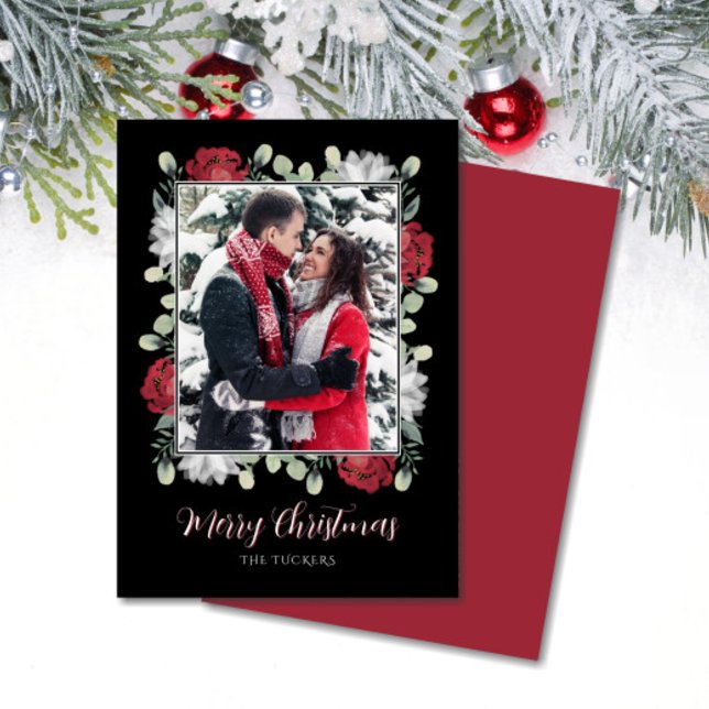 Elegant Red White Floral on Black Photo Christmas Holiday Card (Creator Uploaded)