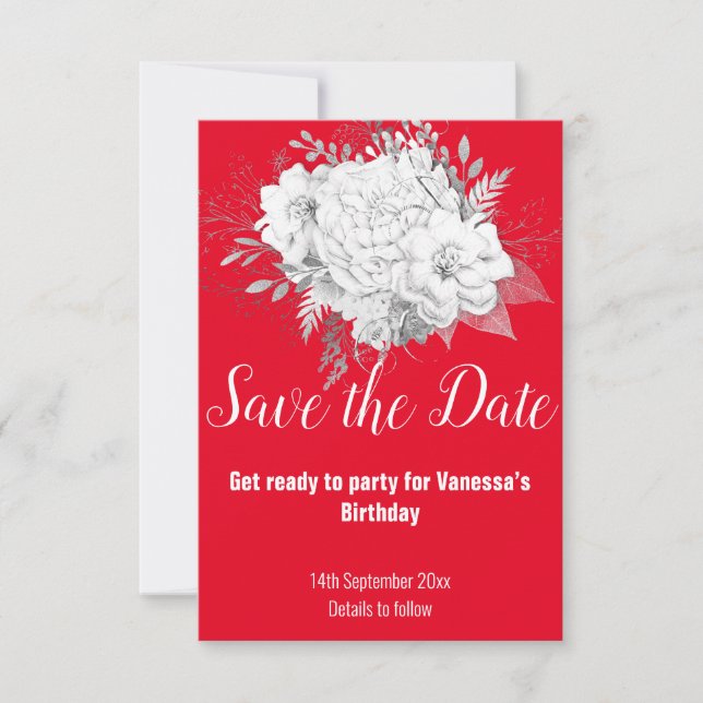 ELEGANT RED WHITE FLORAL SAVE THE DATE RSVP CARD (Front)