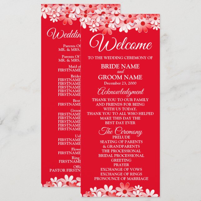 Elegant Red White Floral Wedding Programme (Front/Back)