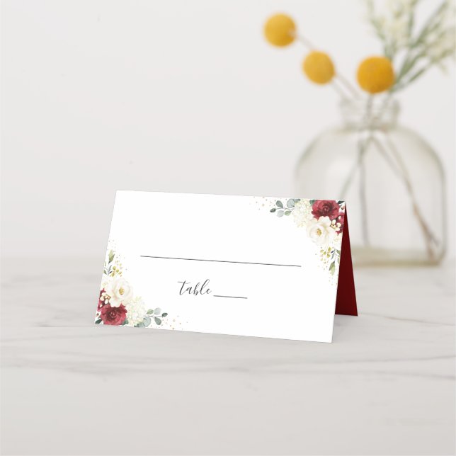 Elegant Red White Floral Wedding Table Place Card (Front)