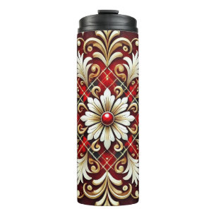 Elegant Red White Gold Festive Plaid Thermal Tumbler