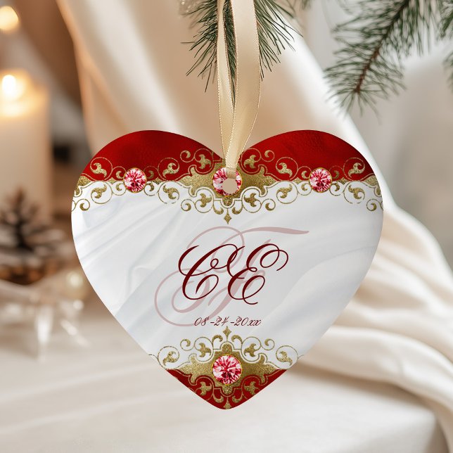 Elegant Red White Gold Monogram Wedding Ceramic Tree Decoration (Creator Uploaded)