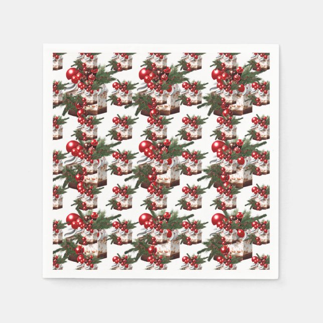 Elegant Red, White & Green Cake Pattern Holiday Napkin (Front)