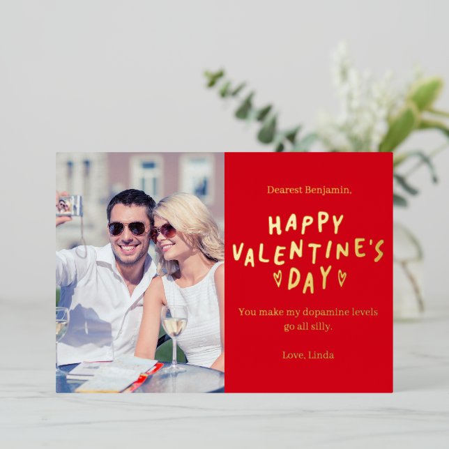 Elegant Red White HAPPY Valentine's Day Photo Foil Holiday Card (Standing Front)