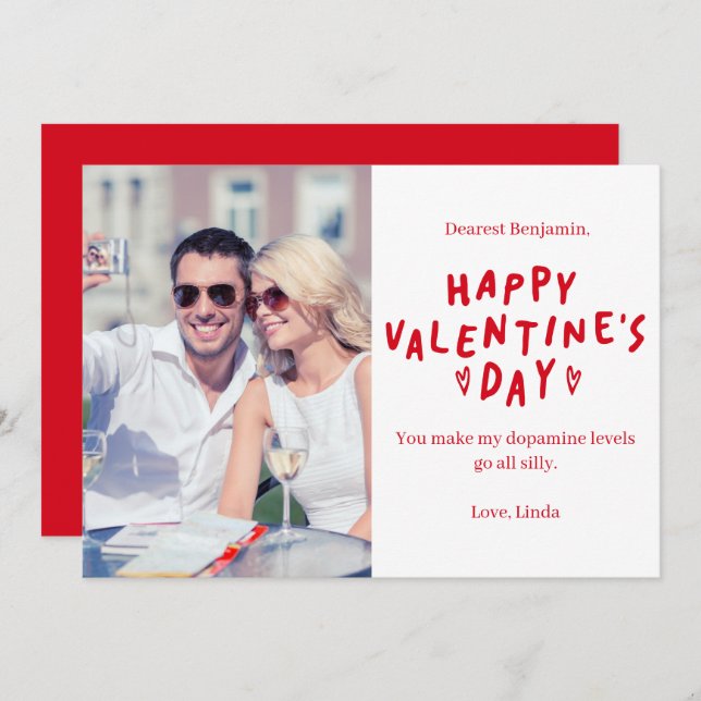 Elegant Red White HAPPY Valentine's Day Photo Holiday Card (Front/Back)