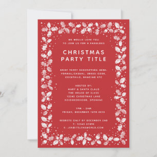 Elegant Red + White Holly Leaves Christmas Party Invitation