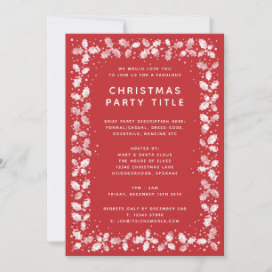 Elegant Red + White Holly Leaves Christmas Party Invitation
