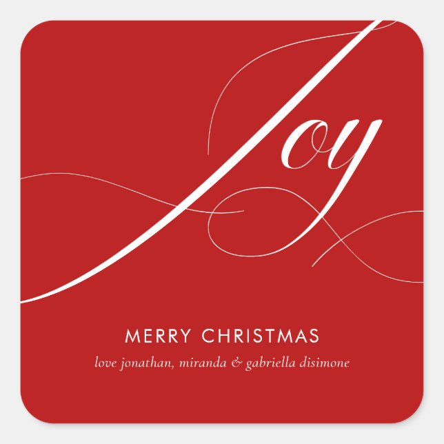 Elegant Red White Joy Script  Square Sticker (Front)