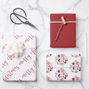 Elegant Red White Merry Christmas Ornament Wrapping Paper Sheet