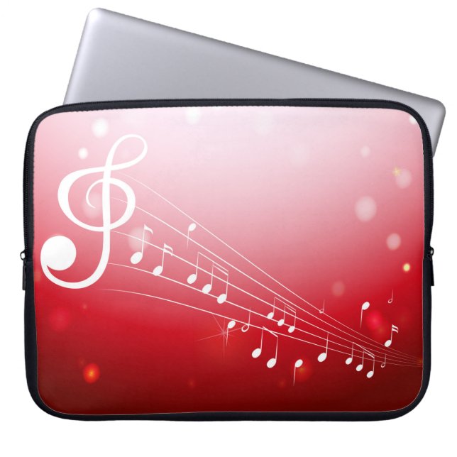 Elegant Red-White Music Notes Background Laptop Sleeve (Front)