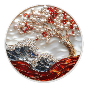  Elegant Red White Pearls Diamonds Ocean Waves Ceramic Knob