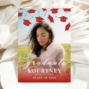 Elegant Red White Photo Graduation Invitation