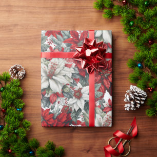 Elegant Red & White Poinsettia Christmas Floral Wrapping Paper