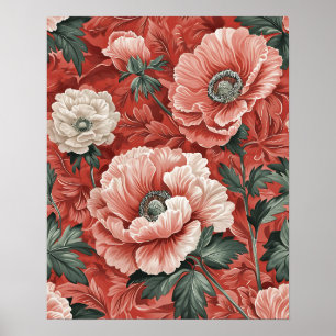 Elegant Red White Poppies Dark Leaves Floral Poster