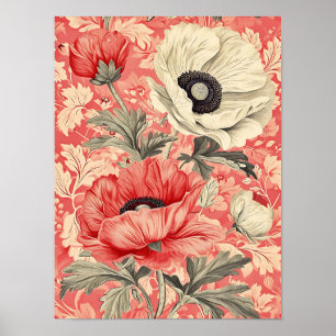 Elegant Red White Poppies Floral Art Poster