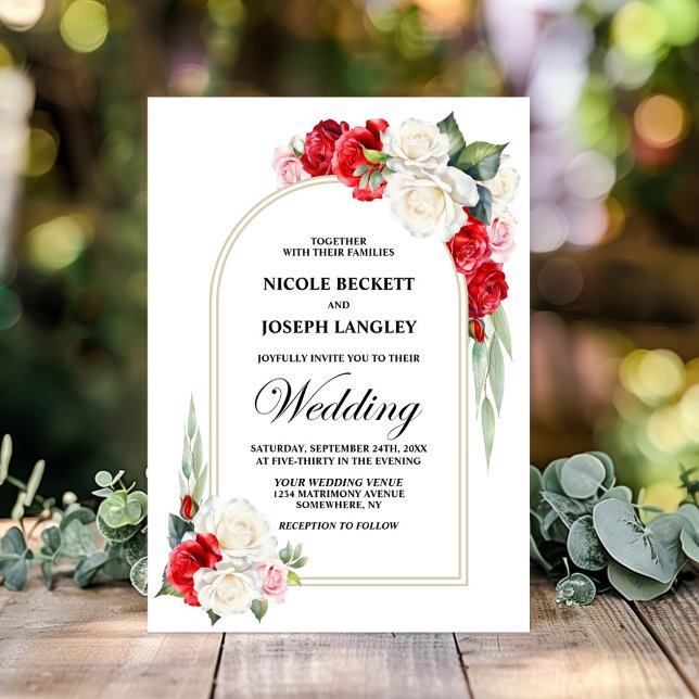 Elegant Red White Rose Floral Arch Wedding Invitation (Creator Uploaded)