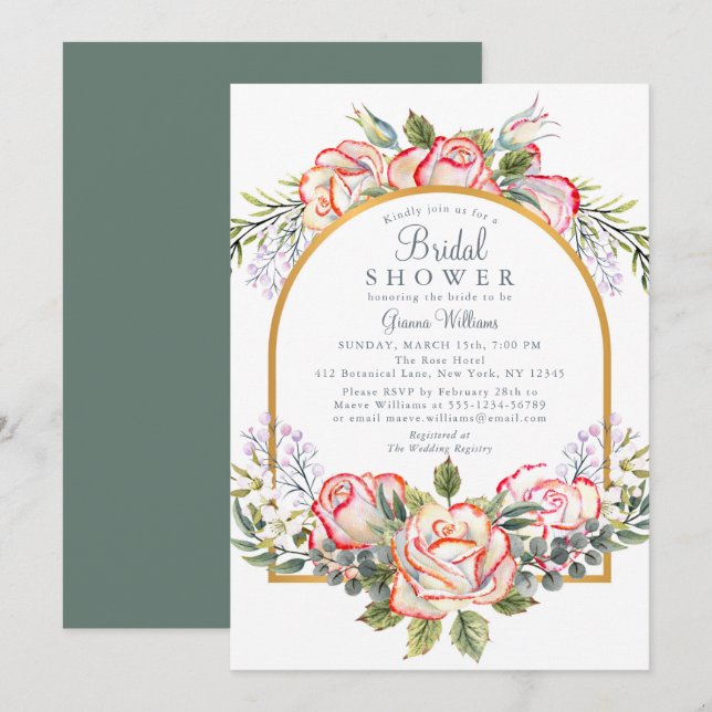 Elegant Red White Rose Floral Bridal Shower Invitation (Front/Back)