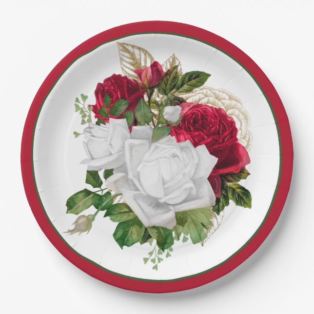 Elegant Red White Roses Bouquet Paper Plate (Front)