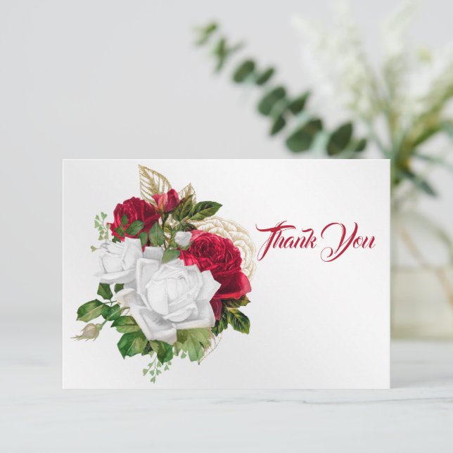 Elegant Red White Roses Bouquet Thank You Card (Standing Front)