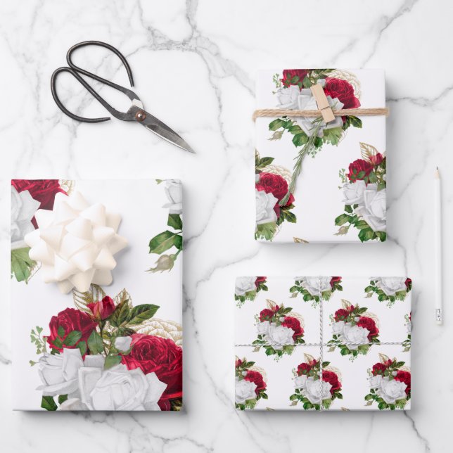 Elegant Red White Roses Bouquet Wrapping Paper Sheet (Front)