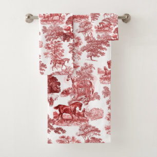 Elegant Red White Rustic Horses Toile  Bath Towel Set