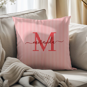 Elegant Red & White Stripes Monogram Name Cushion