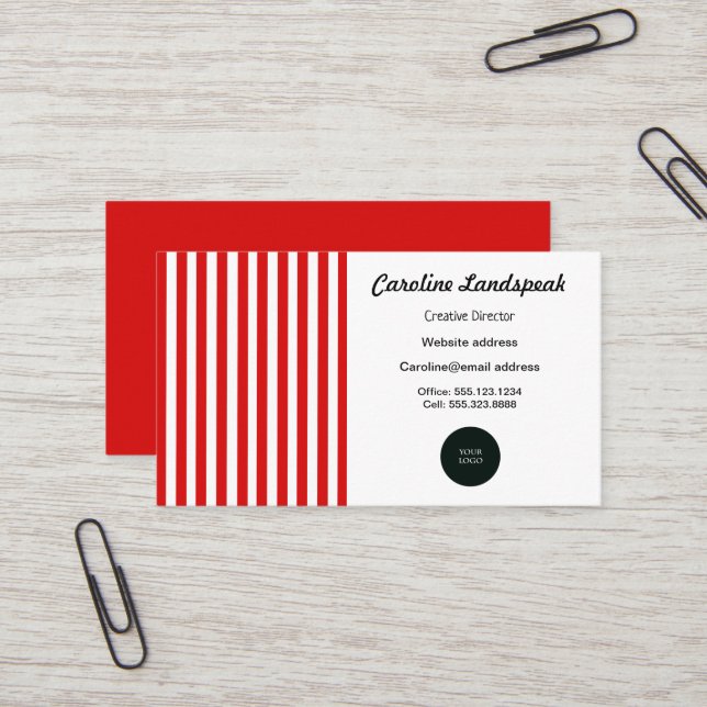 Elegant Red & White Stripes with Logo Business Card (Front/Back In Situ)